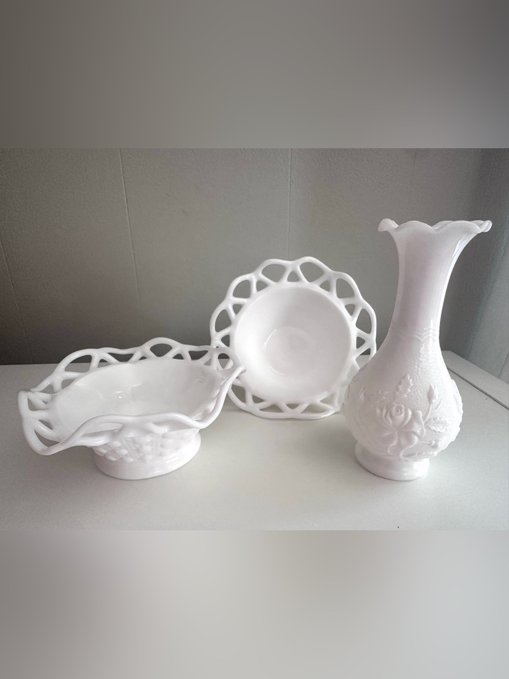 Imperial Glass Milk Glass Three-Piece Collection - Bowls and Vase